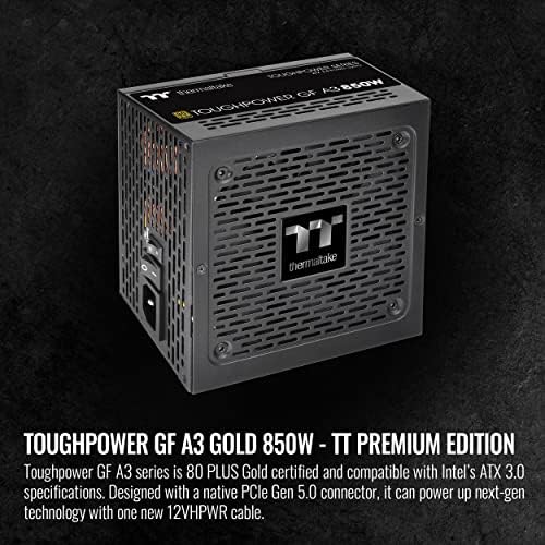 Thermaltake ToughPower GF A3 ATX 3.0 850W 80+ Gold Gold Full Modular SLI/CrossFile Ready Power Supply; PCIE GEN.5 450W 12VHPWR Conector incluído; PS-TPD-0850FNFAGU-L; Garantia de 10 anos