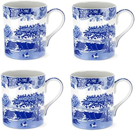 Caneca italiana azul de Spode | Conjunto de 4 | Xícara de café jumbo | Capacidade de 16 onças | Alça grande | Use para café, chá, café com leite e chocolate quente | Lava -louças e cofre de microondas