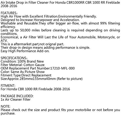 Motocicleta de filtro de ar areyourshop, elemento de limpeza do filtro de ar para Honda CBR1000RR CBR 1000 RR Fireblade