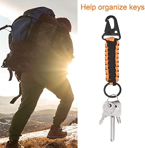 Patikil Paracord Keychain, 4 pacote de pacote de cordão trançado chave de sobrevivência de cinto de couro de clipe para chaves, homens, mulheres, laranja, preto