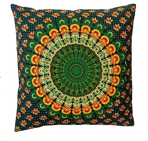 Rastogi Handicrafts Multi Use Cushion Cushow Casows Caso Caso Caso de sofá Bolck Mandala de elefante imprimido Mandala 16 x 16