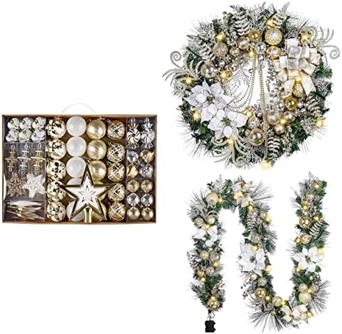 Valery Madelyn White Gold Christmas Decoration Bundle 90ct Bola de Natal Ornamentos + Groches de Natal de 30 polegadas + 9 pés Garland de Natal