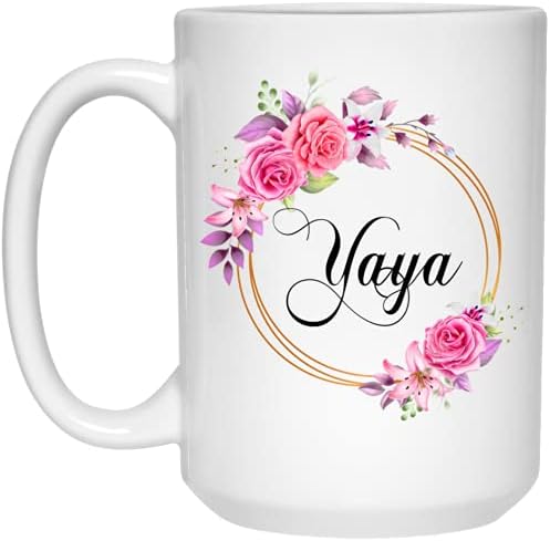 Presente de caneca de caneca de café da Yaya Flower para o Dia das Mães - Flores Rosa Yaya na moldura dourada - Nova Flor de caneca Yaya - Presentes de aniversário para Yaya - Yaya Coffee Caneca 11oz