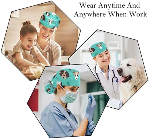 2pcs enfermeira limpa tampas de cabelos longos, coleção de cães tampa de trabalho ajustável Dachshund com botão e banda de suor multicolorida