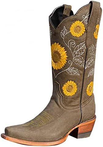 Teprec Western Boots Women Women Women Retro Retro Cowgirl Boots Cowboy Botas bordadas no meio da panturrilha Botas de salto grossa sapatos confortáveis