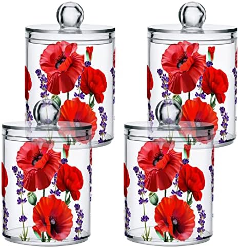 Yyzzh Poppies Flor de lavanda Vermelho Red Popela floral 4 Pacote Distribuidor QTIP PACK para cotonete Round Pads Floss 10 oz Jar