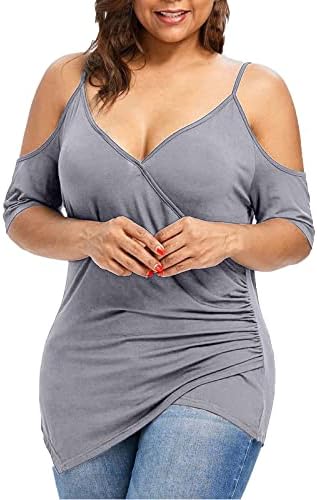Tampas de tamanho grande para mulheres ombros frios de manga curta camisetas Sexy V Camise