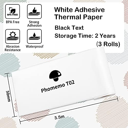 MemoQueen T02 Pocket Photo Photo Printer com papel térmico adesivo branco, papel de papel de adesivo, 50mmx 3,5m/rol, texto preto,