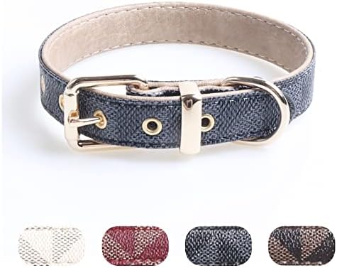Colar de couro de cachorro, colar básico ajustável, padrão de verificação de colar de couro durável com fivela de metal, adequada
