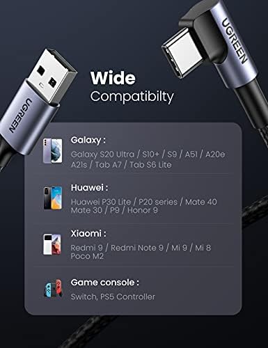 Cabo USB C UGREEN Ângulo reto de 90 graus Cabo de carregamento rápido USB A para digitar Cabo C Compatível com Galaxy S10/ S10+/ Nota 20, LG V50/ V60, iPad mini 6 Air 5, GoPro Hero 8, etc.3.3ft