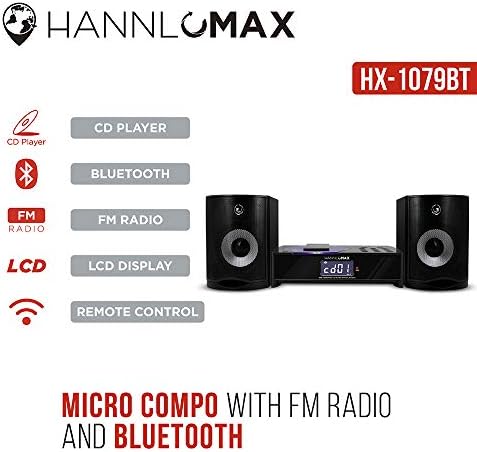 HannLomax HX-1079Bt CD System, CD player, PLL FM Radio, Despertador Digital, Bluetooth, Qualidade do som Hi-Fi, tela LCD
