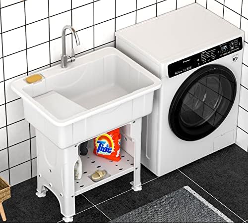 Pia de lavanderia de plástico independente com tábua de lavagem, W31 × D22 × H31.5 Pia de utilidade interna e externa