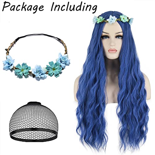 Mildiso Corpse Bride peruca feminina feminina de cabelo azul escuro Cabelo ondulado curto longo com bonés de peruca perucas