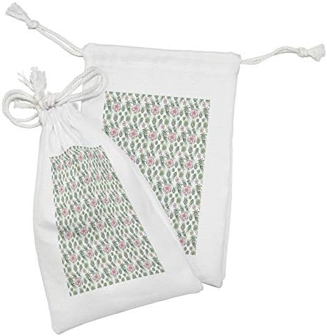Ambesonne Plant Watercolor Fabric bolsa conjunto de 2, cacto botânico com vista superior e floral, pequeno saco de cordão para máscaras e favores de produtos de higiene pessoal, 9 x 6, reseda verde rosa pálido