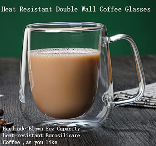 KNC Borossilicate Glass Coffee Caneca com alça, xícara de café com leite com parede dupla de 8 onças, xícaras de café expresso grossas para americano, café com leite, café expresso, bebida e chá de cappuccinos, claro