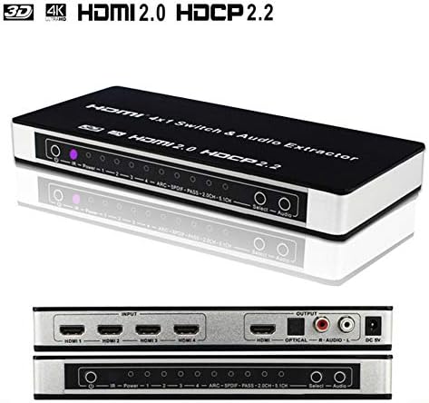 4K HDMI2.0 Switcher, caixa de comutação HDMI 2.0 de 4 portas 4x1 com controle remoto infravermelho @ 60Hz HDCP 2.2 ARC 3D HDMI Switcher + Toslink Optical L/R Extractor de áudio para PS4, Xbox One, Blu-ray DVD