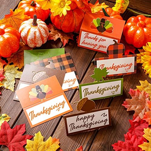 48 PCs Tabela de Ação de Graças Cartões de lugar Cards de felicitações Agradecemos Maple Leaf Pumpkin Turquia Bolsas