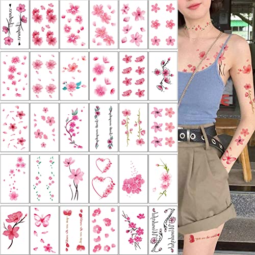 30 lençóis Tatuagens temporárias de flor rosa para mulheres meninas 3D Cherry Blossom