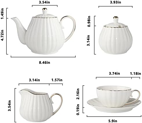 Conjunto de chá de porcelana -7 oz xícaras de chá e pires para 6, cálculo de café de forma canelado com corte de ouro e tanque