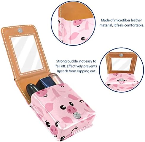 Caixa de batom de Guerotkr, organizador de batom de Lip Blus de couro com espelho, mini saco de suporte de batom, padrão de animal de porco rosa