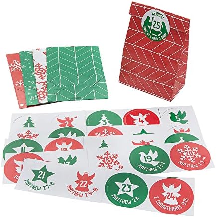 3 1/4 x 2 x 6 1/2 Small Advent Countdown Christmas Paper Treat Sacols com adesivos - 50 peças
