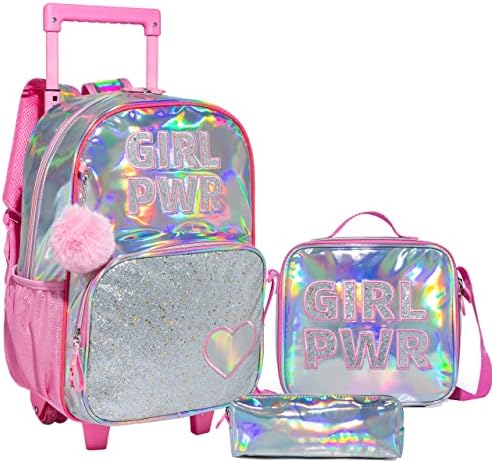 HTGROCE 3PCS Mochila rolante rosa para meninas, rodas de mochila de lantejoulas para meninas, garotas rolando bookbag, mala