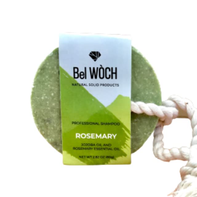 Bel Woch Rosemary Sólido Organic Solid Shampoo Bar, para todos os tipos de cabelo, nutre, promove o crescimento e dá brilho natural livre de parabenos, pfalatos e sulfatos