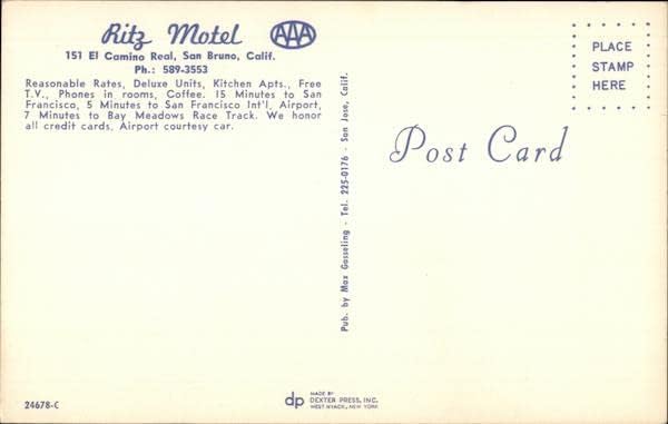 Ritz Motel San Bruno, Califórnia CA Original Vintage Post cartão