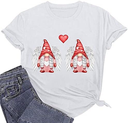 Dia dos namorados Tops blusa de manga curta Crewneck camisetas básicas Angel Gnome Print Summer Tops Womens Logo Casual Túnicas