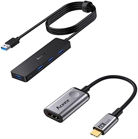 Aceele USB 3.0 Hub com adaptador HDMI para USB C, hub USB Ultra Slim de 4 portas com cabo estendido de 4 pés, adaptador USB C 4K@30Hz portátil de alumínio C.