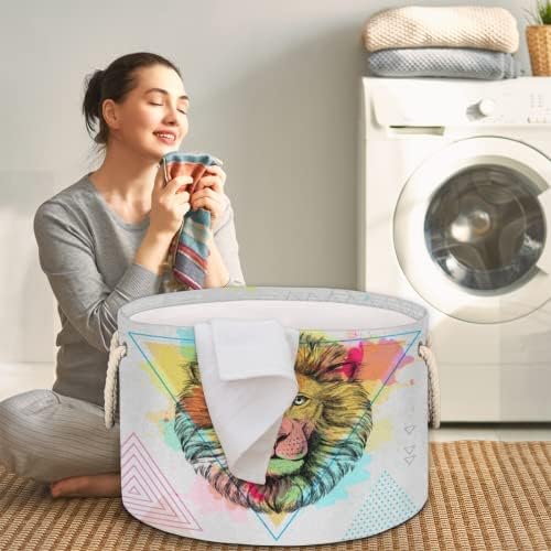 Art Animal Lion Grandes cestas redondas para cestas de lavanderia de armazenamento com alças de armazenamento de cobertores