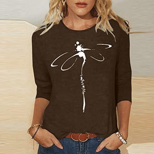 Mulheres 3/4 blusas de manga Dragonfly Graphic Loose Fit Tops Tees Crewneck Spandex Casual Fall Summer Bloups FS