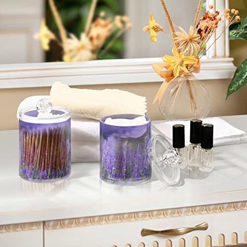 Kigai Purple Lavender QTIP Dispensador com tampas 2 pacote, recipientes de jarro de boticário de plástico transparente para armazenamento de organizador de maquiagem de vaidade - acessórios para banheiro conjunto para cotonete, bola, pastilhas, fio dental