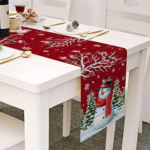 Corredor de mesa de xadrez de Natal, Joy Long Linen Burlap Fabric Red Snowman Snowflake Birds Trees Xmas Holiday Family