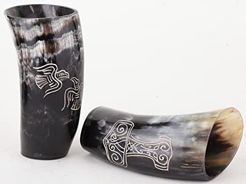Bhartiya Handicrafts Conjunto de 2 autênticos Viking de caneca de chifre Viking | Feito de chifre de boi real | Copo de tiro