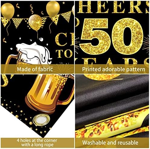 Felicidades para o cenário da bandeira de 50 anos, Decorações de Black Gold Happy 50th Birthday, suprimentos de festa