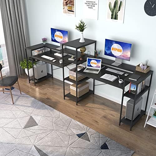 Hypigo Two Pessoa Computer Desk com prateleiras de armazenamento, 109 polegadas de mesa de estação de trabalho dupla