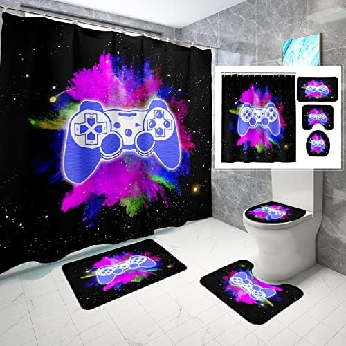Kodhyvj 4 PCs Gamer Shower Cortina Conjunto para meninos banheiros com cortina, tapete, tampa do vaso sanitário e decoração de banheiro em forma de tapete com 12 ganchos