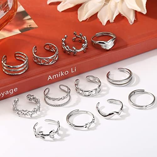 Subiqueto 12pcs anéis de aço inoxidável para mulheres anéis de jóias estéticas de prata anéis de empilhamento aberto de jóias ajustáveis ​​anéis de dedão da junta da junta Tamanho 6-9 Anéis indie