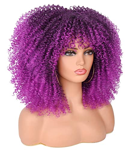 Annisoul 16 polegadas perucas encaracoladas para mulheres negras roxas bomba afro peruca encaracolada com franja