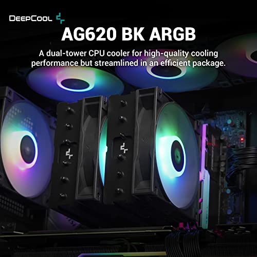 Deepcool Gammaxx AG620 BK ARGB CPU RESIDER Air 260W TDP TDP All Black 6 Tubos de calor de cobre Tubos Dual Tower CPU com ventiladores Cada 120mm PWM 1850rpm 67.88cfm para Intel LGA 1700/1200/1151/1150/1155 Amd AM5/