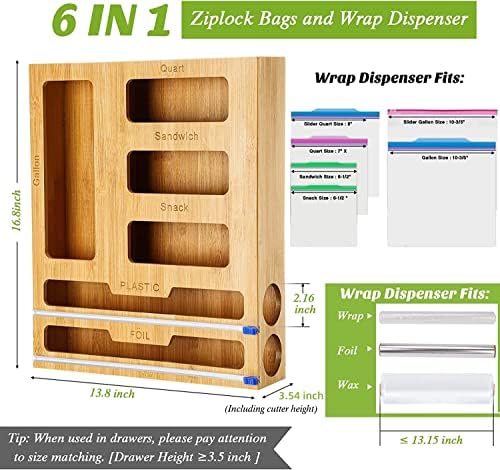 Dispensador de plástico com cortador - 6 em 1 organizador de bambu - organizador de bolsa de ziplock, folha de gaveta de cozinha e