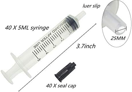 40 pacote 5ml Singa de seringa plástica Luer com tampa, ótima para medir, reabastecer a rega e animais de estimação