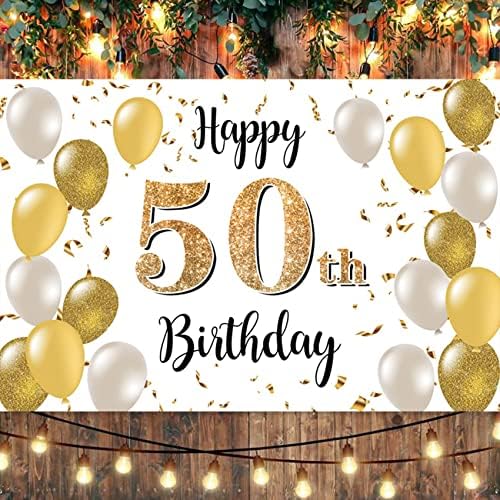 Baocicco 10x8ft Feliz 50º aniversário de aniversário para fotografia Glitter Golden White Balloon Ribbon Man Woman Woman,