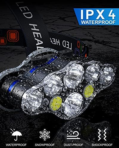Farol recarregável do mafseut, 8 LED 18000 farol brilhante de lúmen alto com luz vermelha, farol USB à prova d'água IPX4, lâmpada de cabeça, 8 modos para montagem de camping de caça ao ar livre
