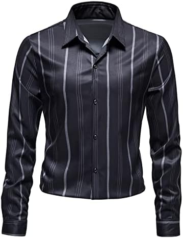 Camisas masculinas Camisas casuais listras de lapela camisa de manga comprida botão de manga para baixo, blusa de ajuste regular de