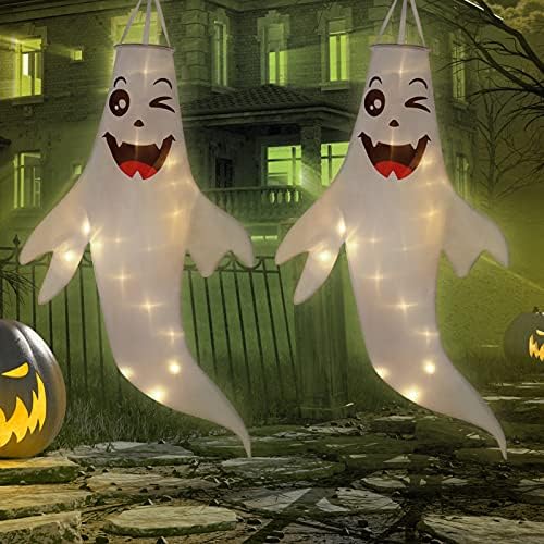 Toyandona 2pcs Halloween Ghost Windsock Bandeiras com luzes quentes Halloween Holding Windssocks Decoração para decorações