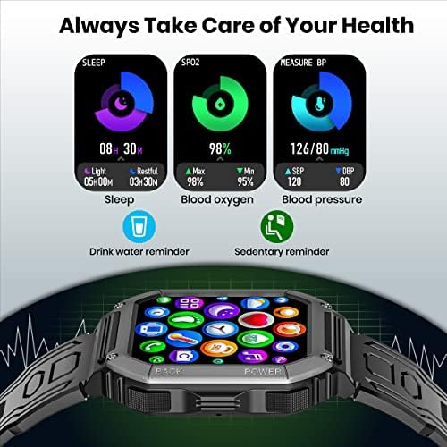 Yowow Bit Out Outdoor Military Fitness Smart Watch com Bluetooth Call AI Voice Atividade Tracker 1.81 HD Ansibilização de HD para o monitor de sono de pressão cardíaca de frequência cardíaca esportiva preto com duas tiras.
