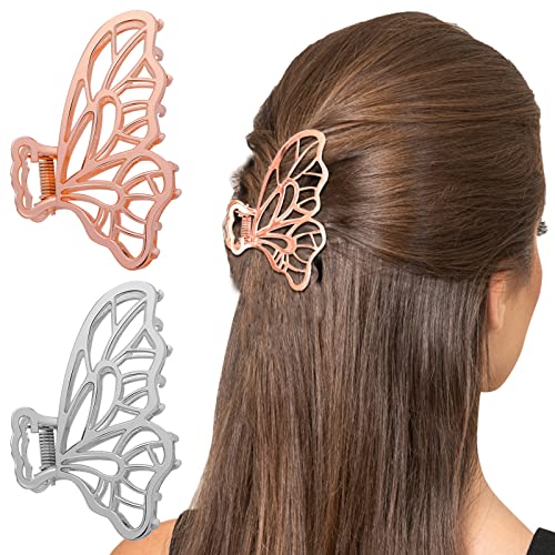 Wllhyf 2 pcs clipes de cabelo de borboleta para mulheres clipe de garra de metal não deslizamento prata grama de cabelo de ouro rosa