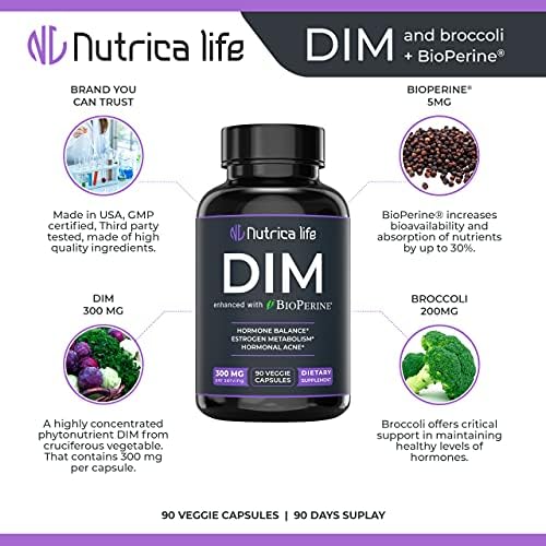 Nutrica Life Dim Suplemento 300mg - Diindolilmetano com Brócolis e Bioperina - Balanço Hormonal Apoio a Mulheres e Men, Metabolismo